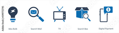 A set of 5 Business icons as idea bulb, search mail, tv
