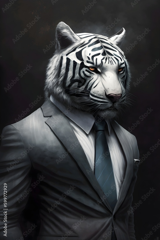 Portrait of a white tiger in a business suit and tie. Generative ai illustration
