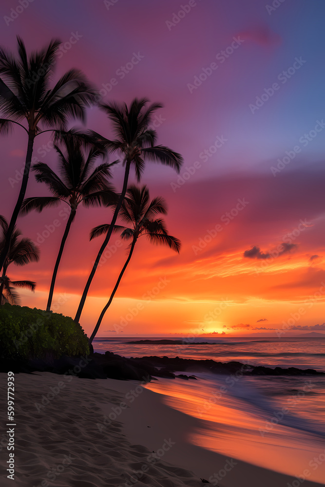Spectacular Sunset on Sandy Beach with Palm Trees - Relaxation Destination