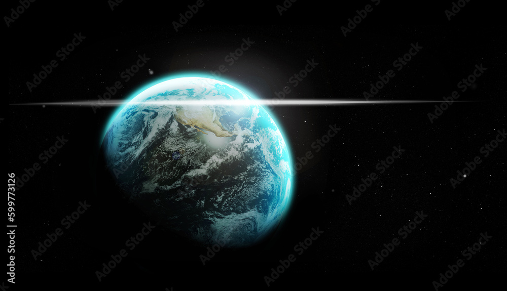 Fototapeta premium Earth, globe or planet in dark space for astronomy study, science and light in universe. 3d global sphere, sunrise and shine in sky with atmosphere, ocean and sea in solar system, world and cosmos
