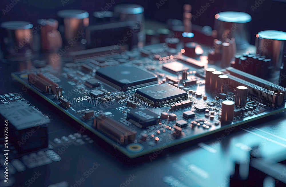 Close-up of electronic circuit board. Technology and science background., Generative AI illustration Close-up of electronic circuit board. Technology and science background., Generative AI illustration