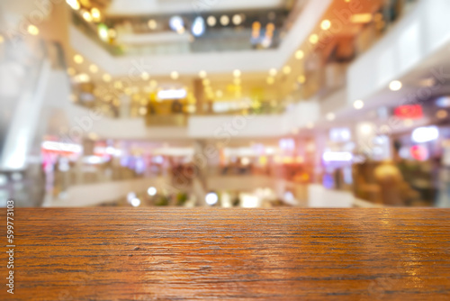 mock up,wooden slabs for displaying products on the background of a large shopping mall