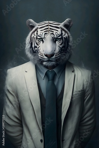 Portrait of a white tiger standing in a business suit and tie. Generative ai illustration