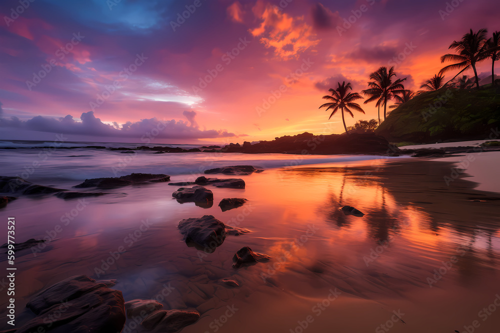 Stunning Sunset on Sandy Beach with Palm Trees - Tropical Paradise Landscape