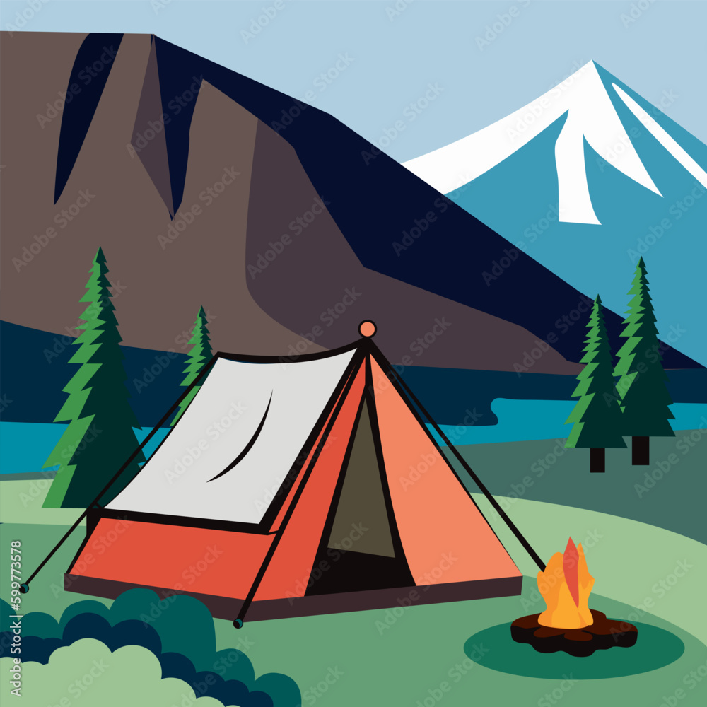 Flat style landscape illustration with tent, campfire, mountains, forest. Site background. Background for summer camp, nature tourism, camping or hiking design