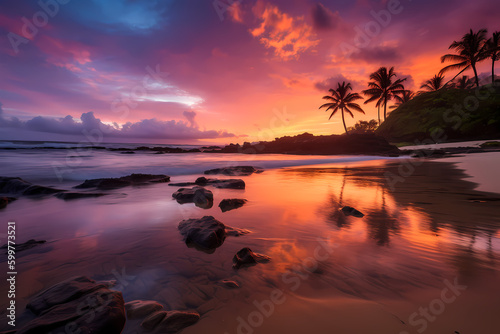 Stunning Sunset on Sandy Beach with Palm Trees - Tropical Paradise Landscape