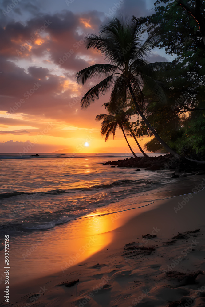 Idyllic Beach Sunset with Palm Trees - Romantic Vacation Spot