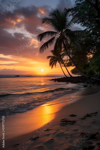 Idyllic Beach Sunset with Palm Trees - Romantic Vacation Spot
