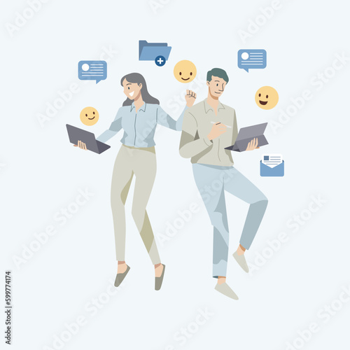 Happy business team people flaoting celebrating success in the air.The concept of happiness, joy and success.Vector illustration.