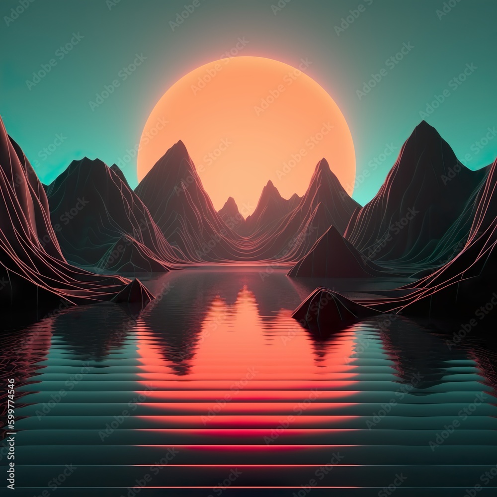 Futuristic Sunset with mountains and water, great wallpaper or background