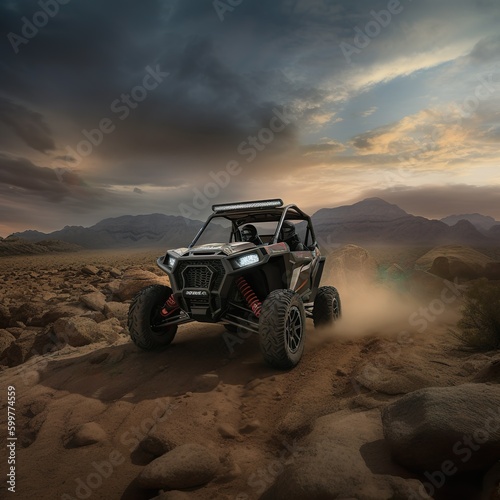 Off road SXS close up with sunset and lights on © nick