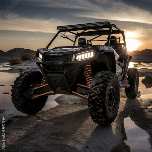 Off road SXS close up with sunset and lights on
