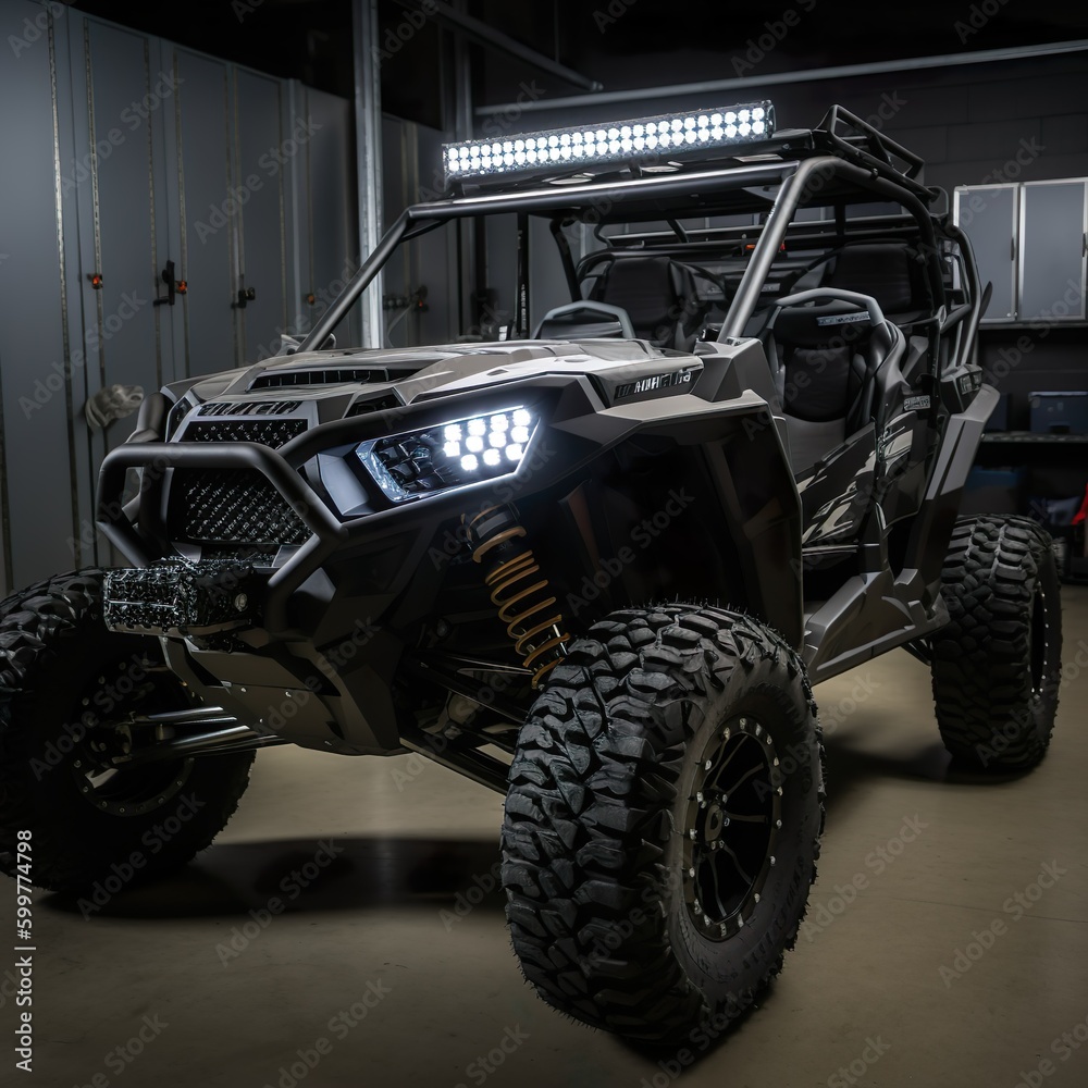 4x4 off-road vehicle, black, clean, lights on 4x4 off-road vehicle, black, clean, lights on
