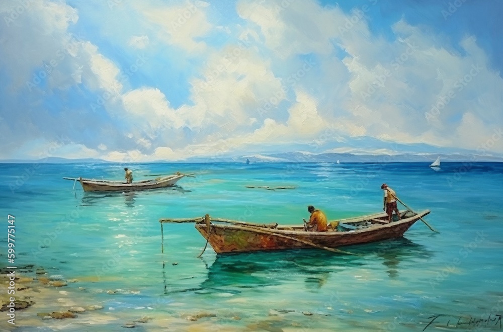Canoas de pescadores. Estilo pintura al óleo