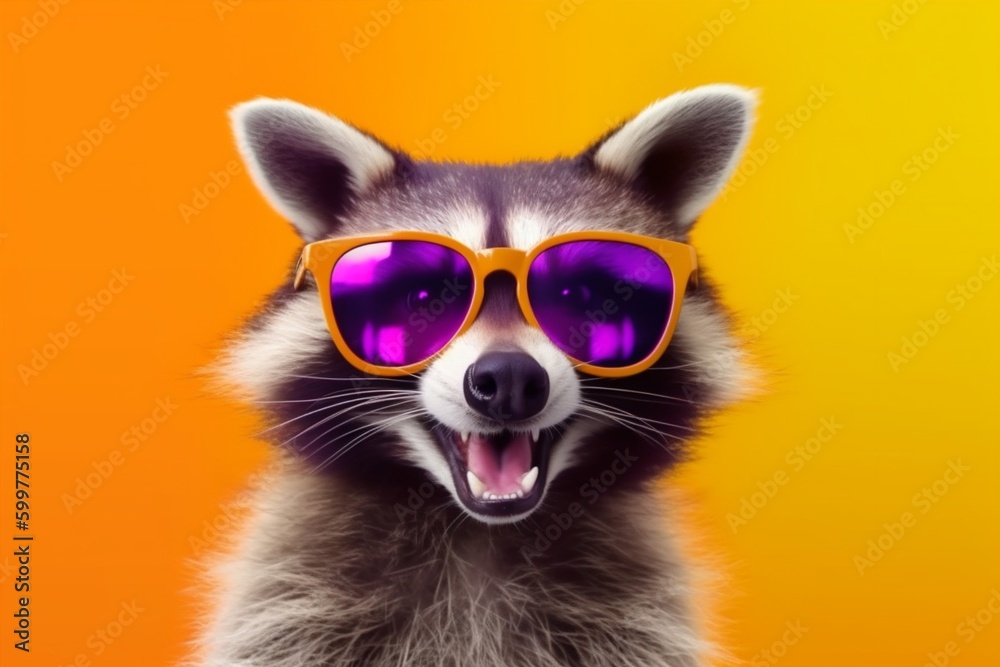 pet young raccoon fun music animal party glasses portrait techno background. Generative AI.