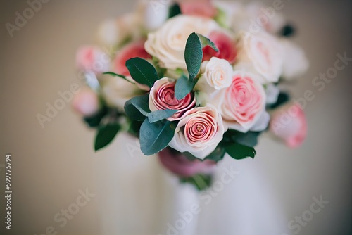 A stunning bouquet featuring exquisite roses accompanied by elegant wedding rings. generarive ai photo