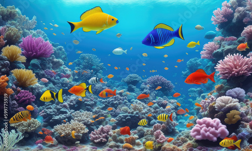 Underwater world. Coral reef and fishes. Animals of the underwater sea world. Ecosystem. Colorful tropical fish. Life in coral reef. Generative AI