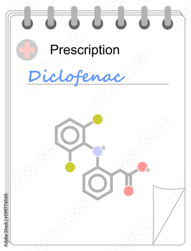 Medical prescription pad. Simplified formula icon of diclofenac.