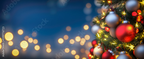 Christmas Tree With Baubles And Blurred Shiny Lights. Happy new year. winter holiday tree light. Christmas Ornament with Lighted Tree in Background, Copy Space. copy space