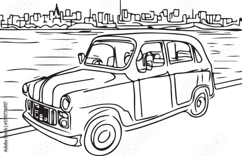 Illustration of car taxi on a city background line art vector