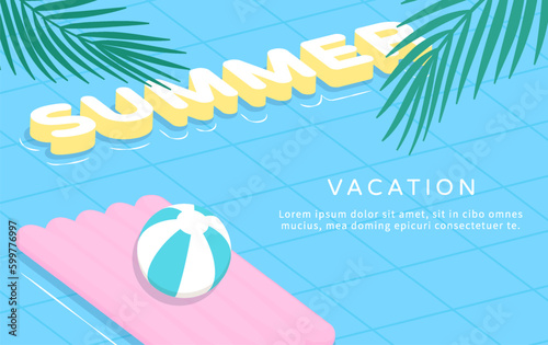 Summer template on swimming pool background with leaves.