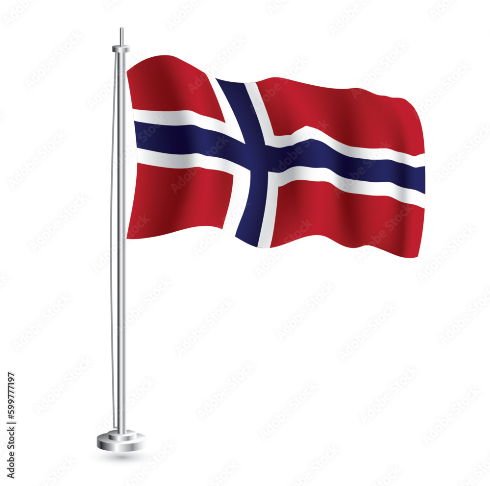 Norwegian Flag. Isolated Realistic Wave Flag of Norway Country on Flagpole.