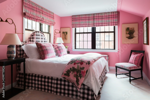 Inviting Bedroom with Pink Plaid  Generative AI