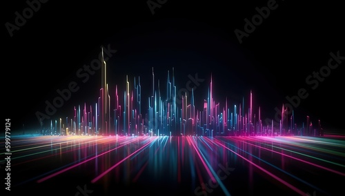 Futuristic sci-fi cityscape with neon lights and black background.