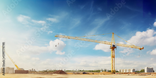 construction site and yellow crane on the background blue sky, panoramic - Generative AI