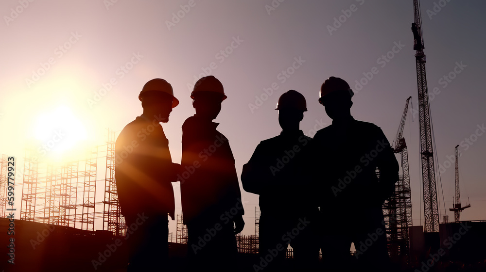 Silhouette group of engineers consult and inspect high-rise construction work  - Generative AI