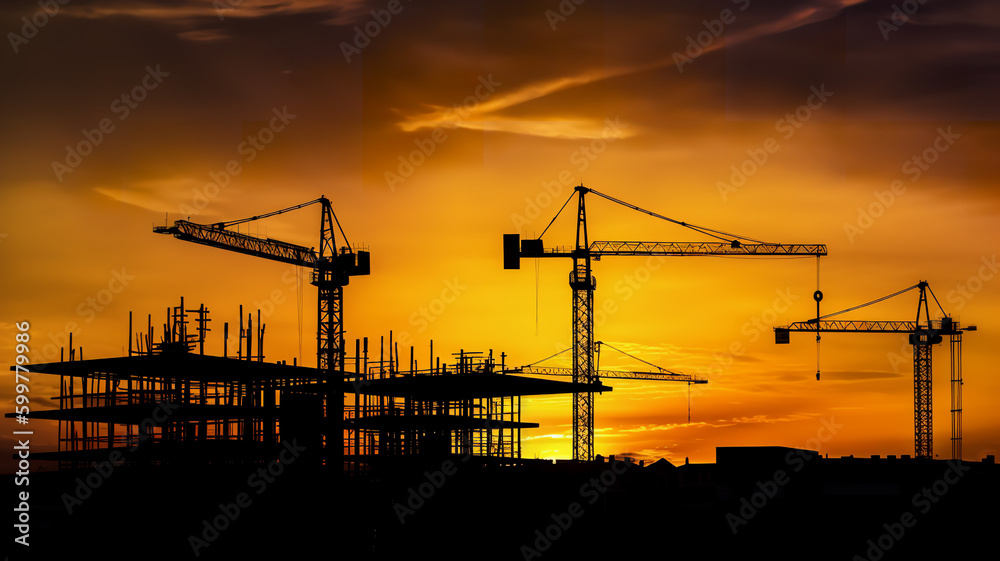 construction cranes silhouette sunset - Generative AI