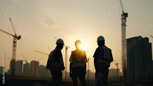 Silhouette group of engineers consult and inspect high-rise construction work - Generative AI