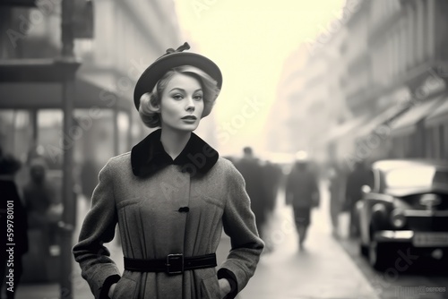 vintage young woman walking through paris street in 1949. Generative AI photo