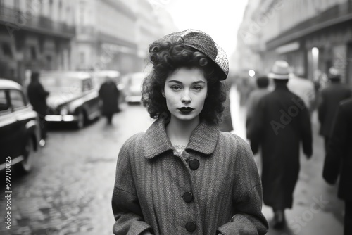 vintage young woman walking through paris street in 1949. Generative AI