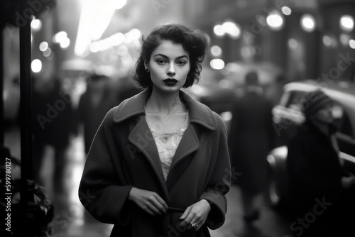 vintage young woman walking through paris street in 1949. Generative AI photo