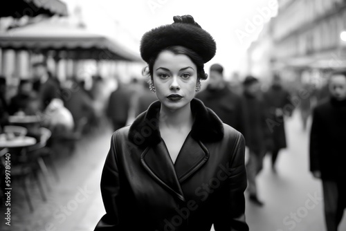 vintage young woman walking through paris street in 1949. Generative AI photo