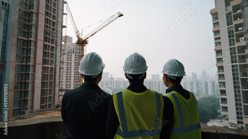 a group engineers consult and inspect high-rise construction site - Generative AI