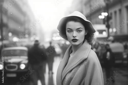 vintage young woman walking through paris street in 1949. Generative AI photo