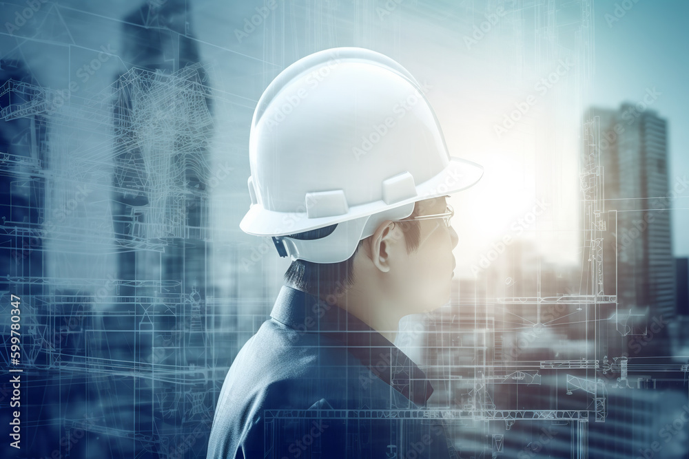Future building construction engineering project devotion with double exposure graphic design. Building engineer working with modern civil equipment technology  - Generative AI