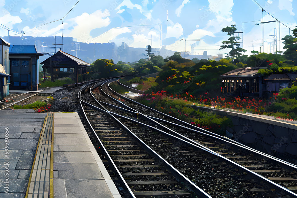 Railway train station in the countryside in a clear blue sky Generated Ai