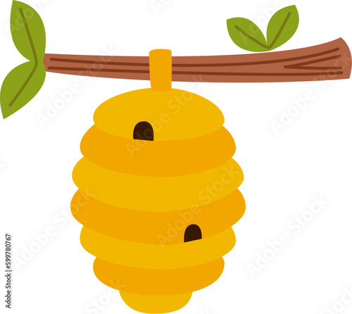 Vector illustration of cartoon cute beehive isolated on blue background.