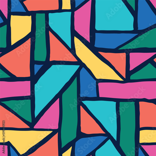 Seamless abstract hand drawn geometric pattern in bright colors