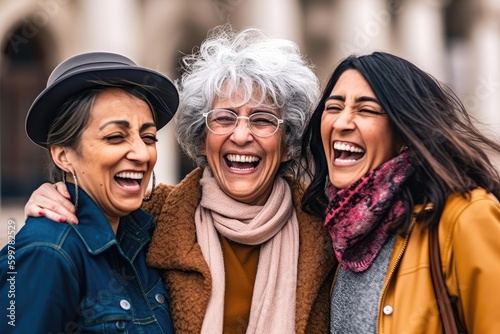 Multiracial senior women having fun together outdoor at city street- three happy mature trendy female friends hugging and laughing on urban place- Friendship lifestyle concept. Generative AI