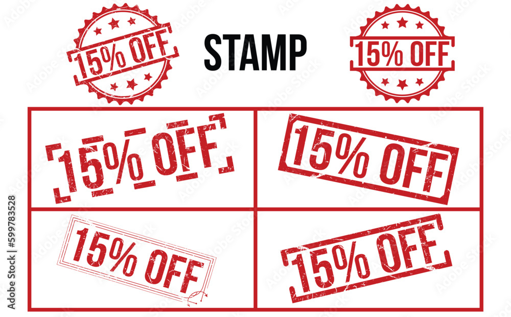 15% Off rubber stamp vector illustration on white background. 15% Off rubber stamp set. 15% Off rubber stamp vector illustration on white background. 15% Off rubber stamp set.