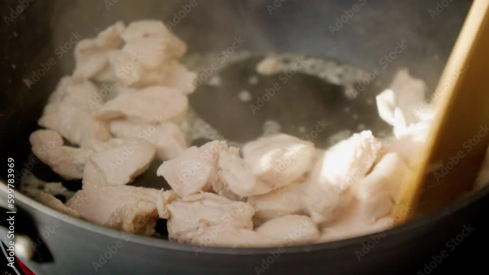 Cooking pieces of chiken meat in close-up. Selective focus. Cooking Cooking pieces of chiken meat in close-up. Selective focus. Cooking