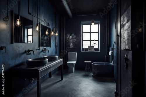 Industrial like bathroom, modern and contemporary blue bathroom, dark tones and moody