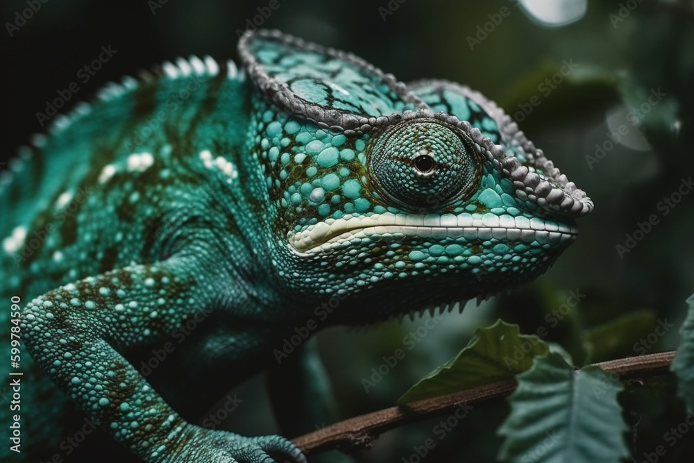 Green colored chameleon close up. Generative AI Green colored chameleon close up. Generative AI