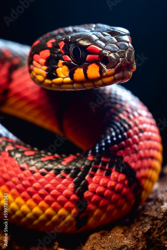 Close up of a red coral snake with translucent scales - ai generative