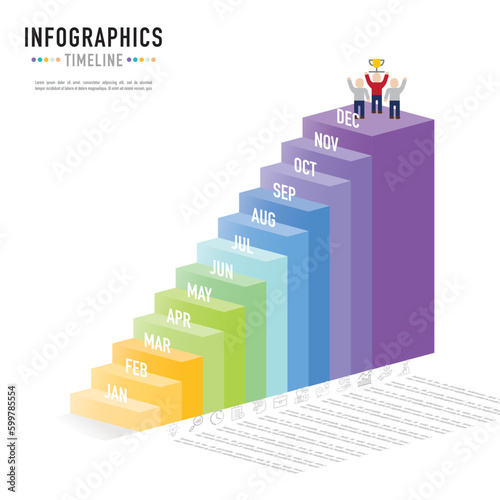 Stair, ladder, rectangular isometric timeline infographic template or element with 12 months, step, process, option, colorful 3D rectangle, paper origami, bar, staircase for planner, schedule, web