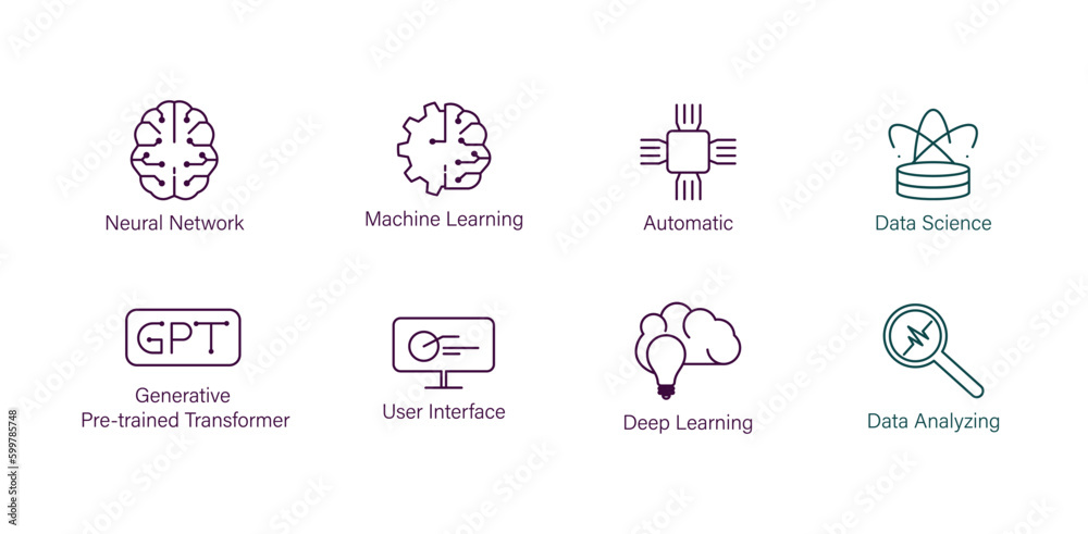 neural network, machine learning, automatic, data science, gpt, user interface, data learning, data analyzing icon set vector illustration 